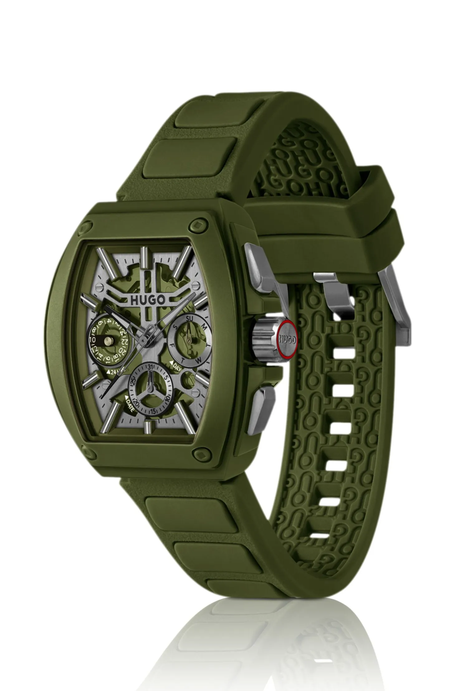 Green skeleton-dial watch with silicone strap