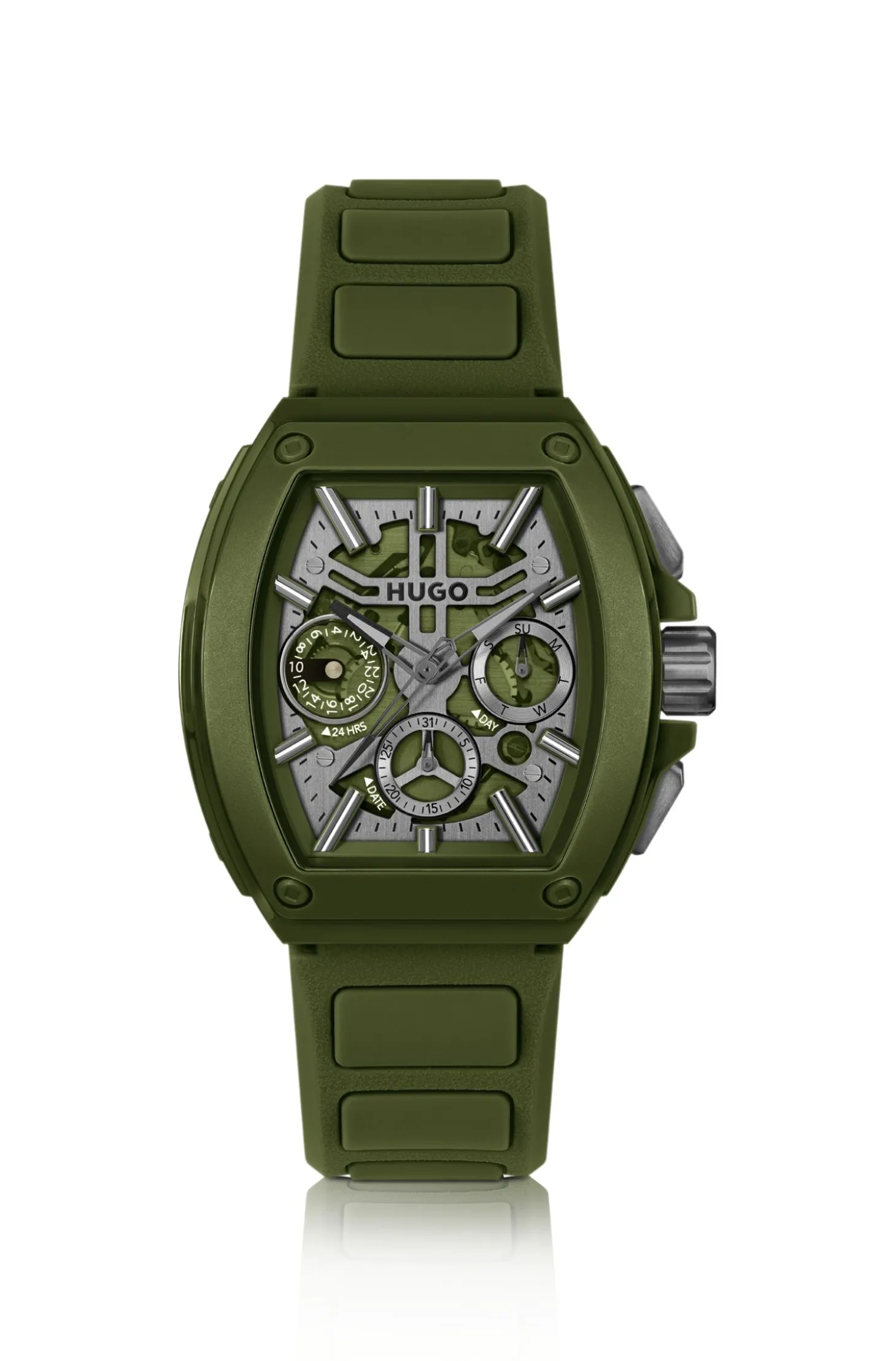 Green skeleton-dial watch with silicone strap