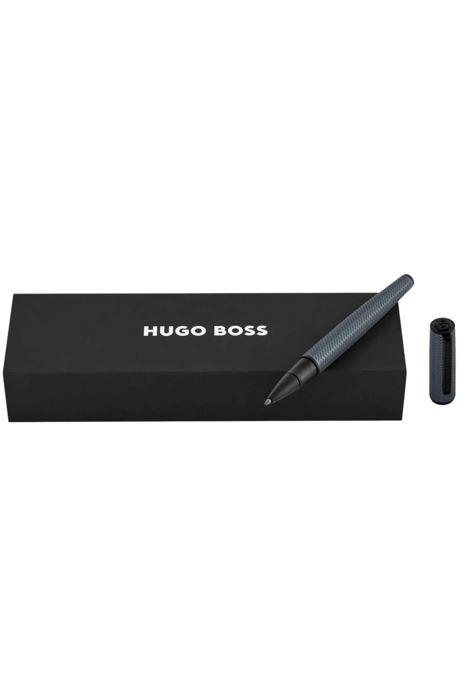 Grey aluminium rollerball pen with mesh-effect engraving