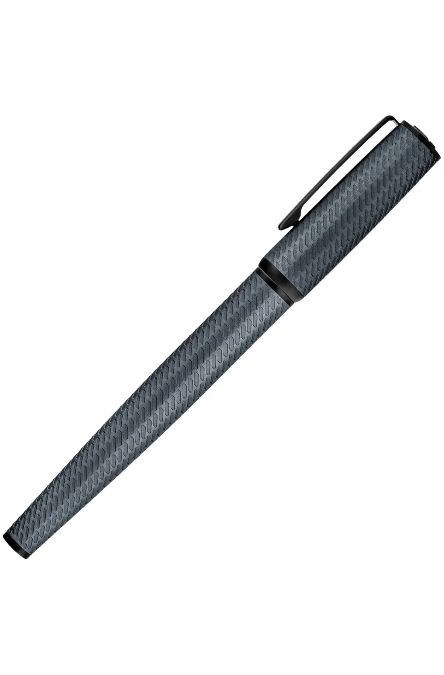 Grey aluminium rollerball pen with mesh-effect engraving