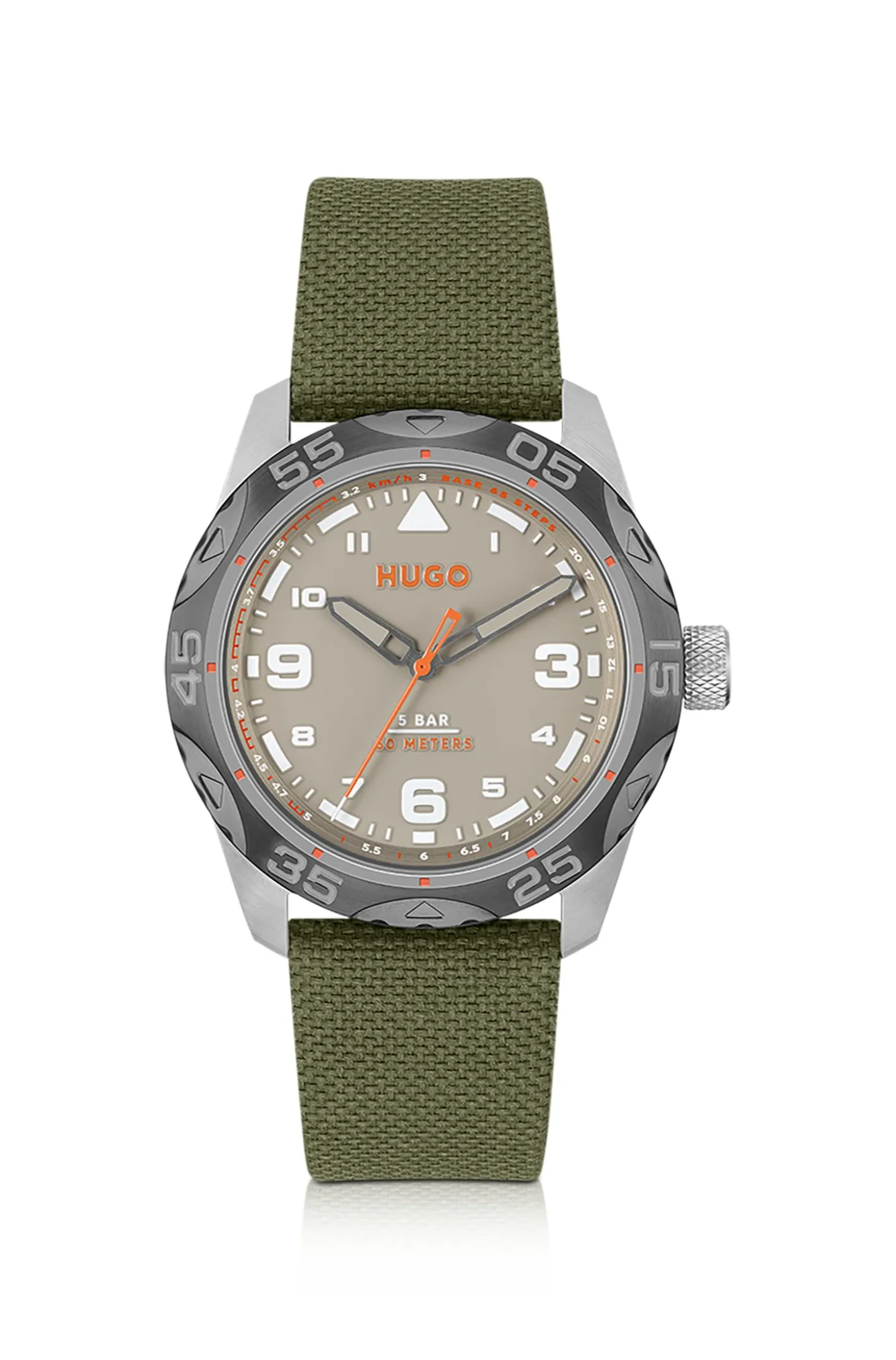 Grey-dial watch with green fabric strap