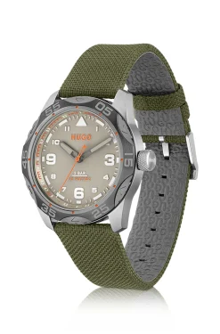 Grey-dial watch with green fabric strap