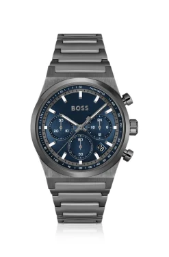 Grey-plated chronograph watch with blue dial