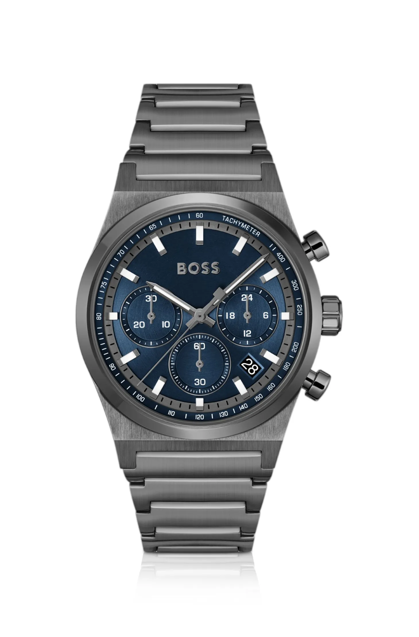 Grey-plated chronograph watch with blue dial