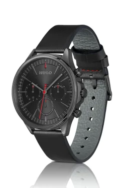 Grey-plated watch with black leather strap