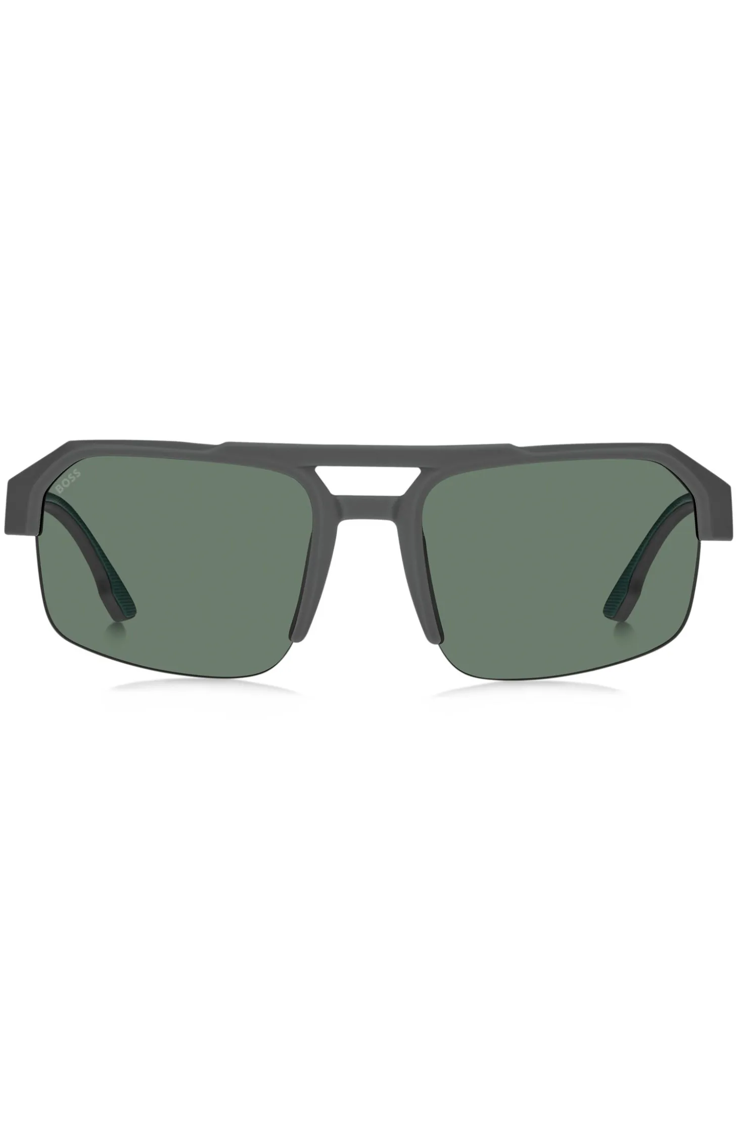 Grey sunglasses with temple insert and logo