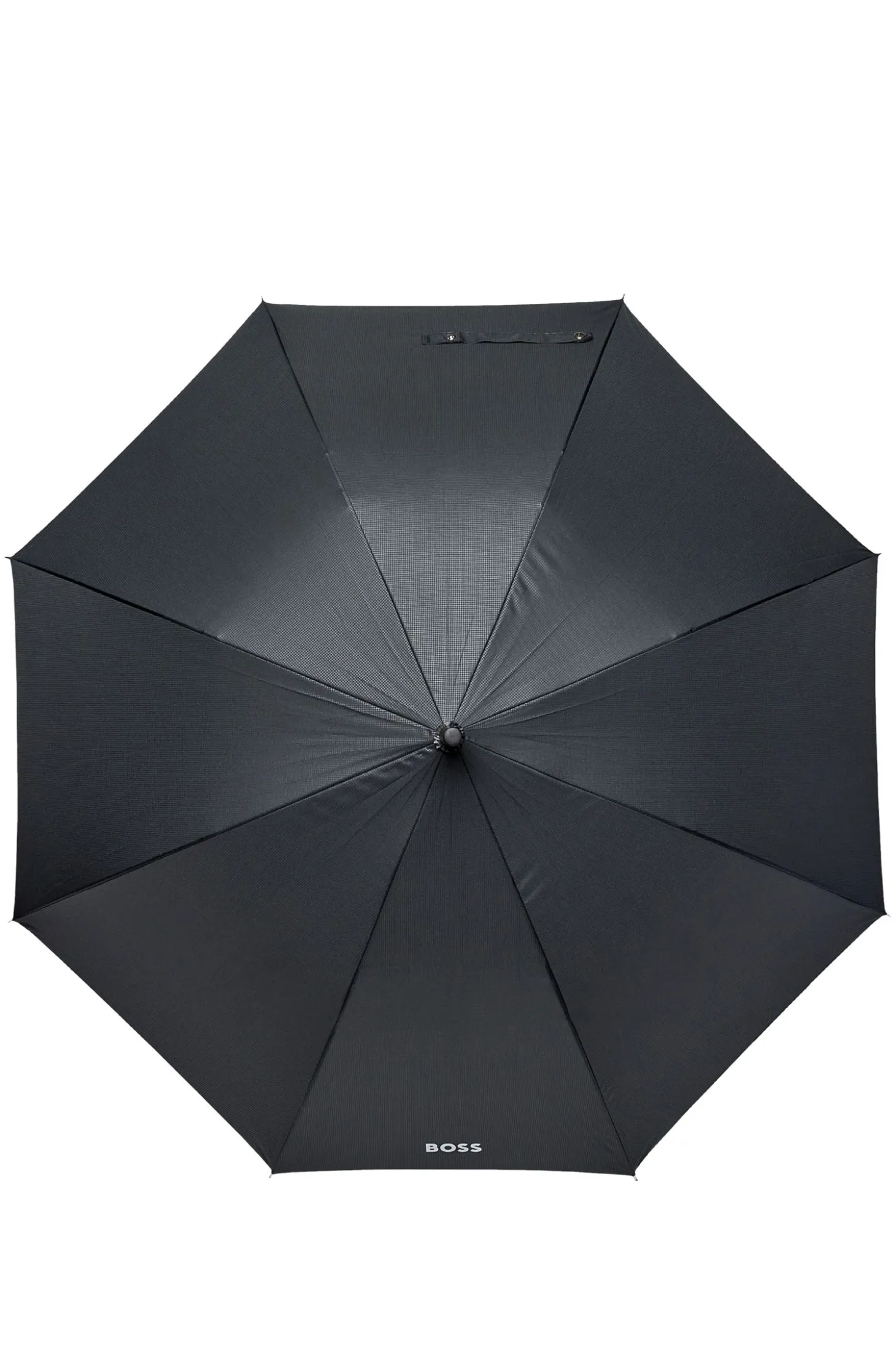 Grid-pattern umbrella with logo-embossed handle