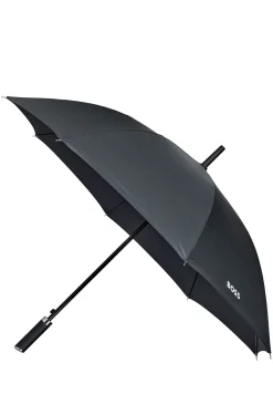Grid-pattern umbrella with logo-embossed handle