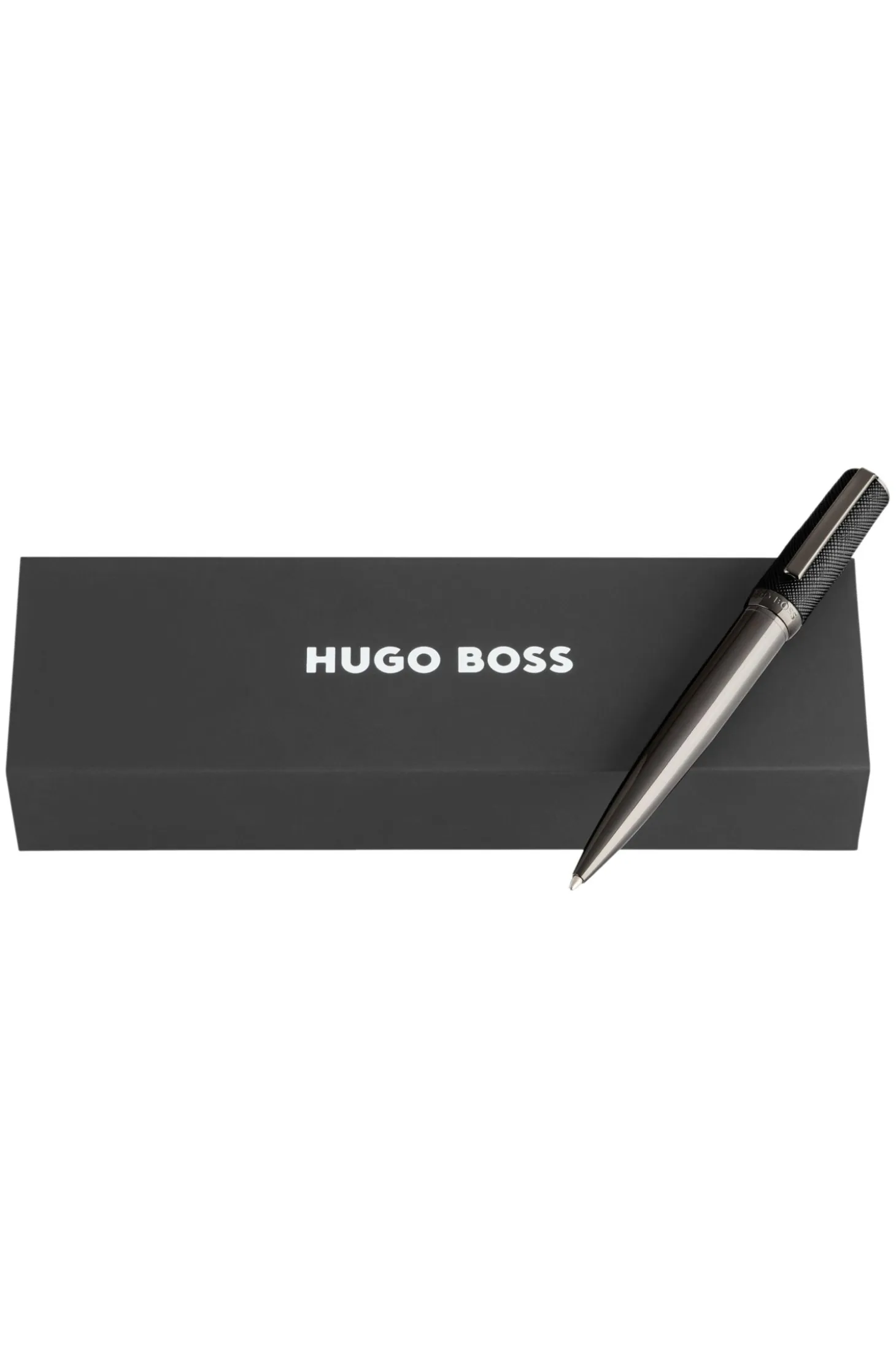 Gunmetal-plated ballpoint pen with saffiano-leather cap