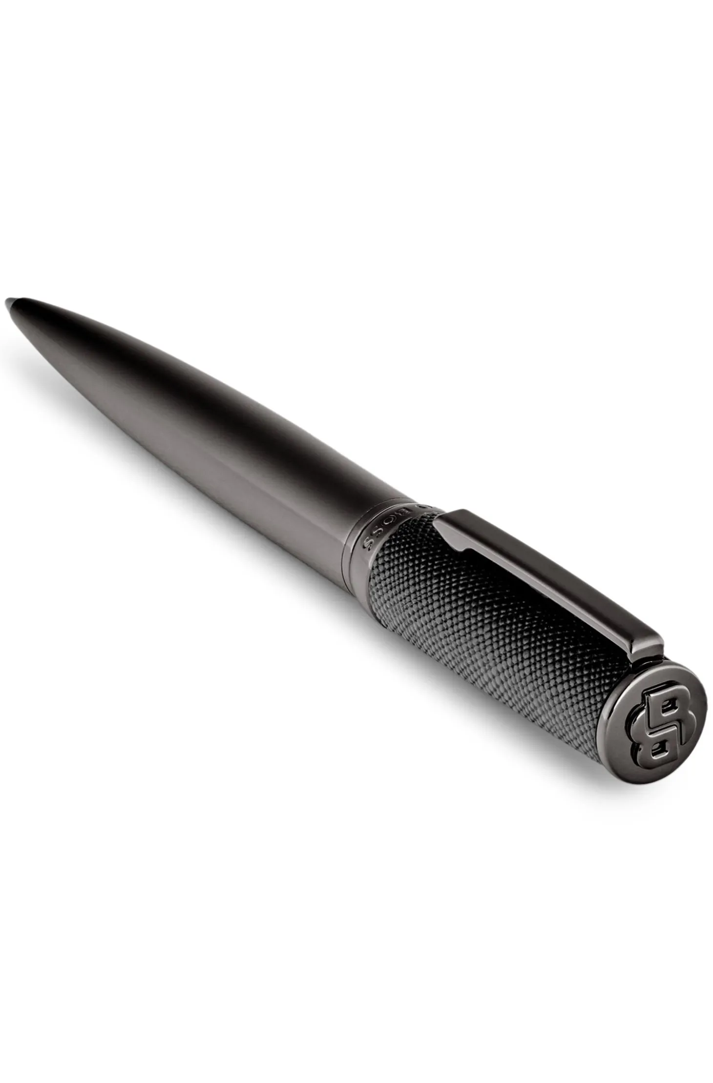 Gunmetal-plated ballpoint pen with saffiano-leather cap