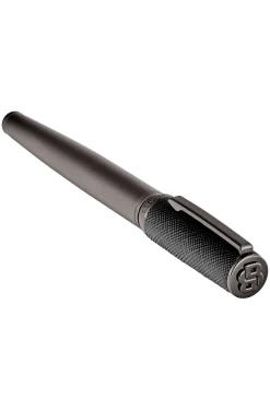 Gunmetal-plated rollerball pen with textured-leather cap