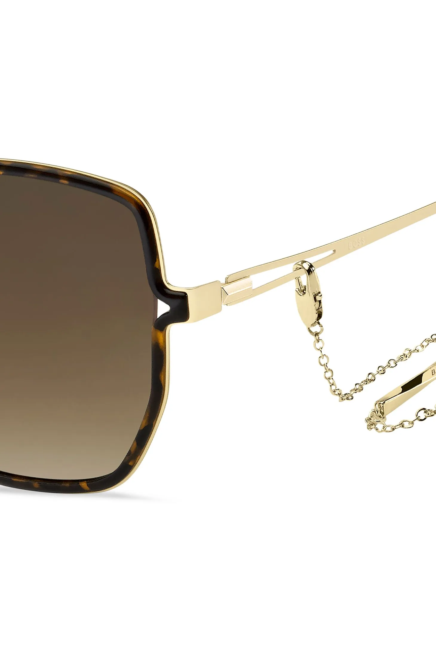 Havana-frame sunglasses with forked temples and branded chain