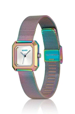 Hazel iridescent square watch with mesh bracelet