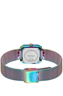 Hazel iridescent square watch with mesh bracelet