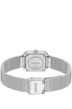 Hazel stainless-steel square watch with mesh bracelet
