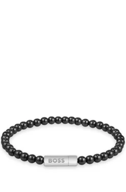 Hematite-bead cuff with logo closure