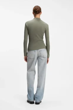 High-neck stretch-cotton top with logo badge