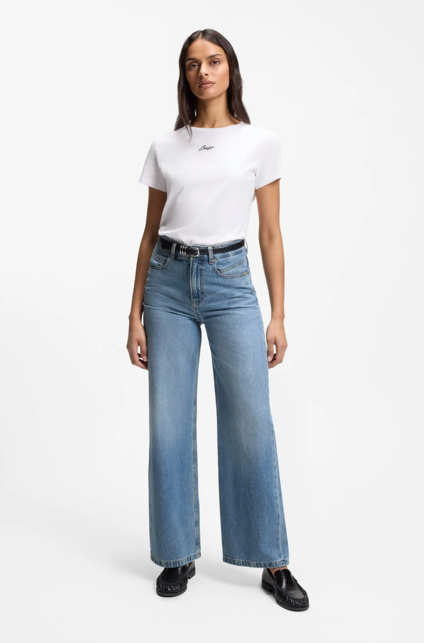 High-waisted regular-fit jeans in cross-hatch denim
