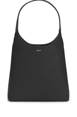 Hobo bag in leather with metallic logo lettering