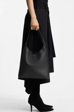 Hobo bag in leather with metallic logo lettering