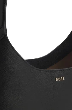 Hobo bag in leather with metallic logo lettering