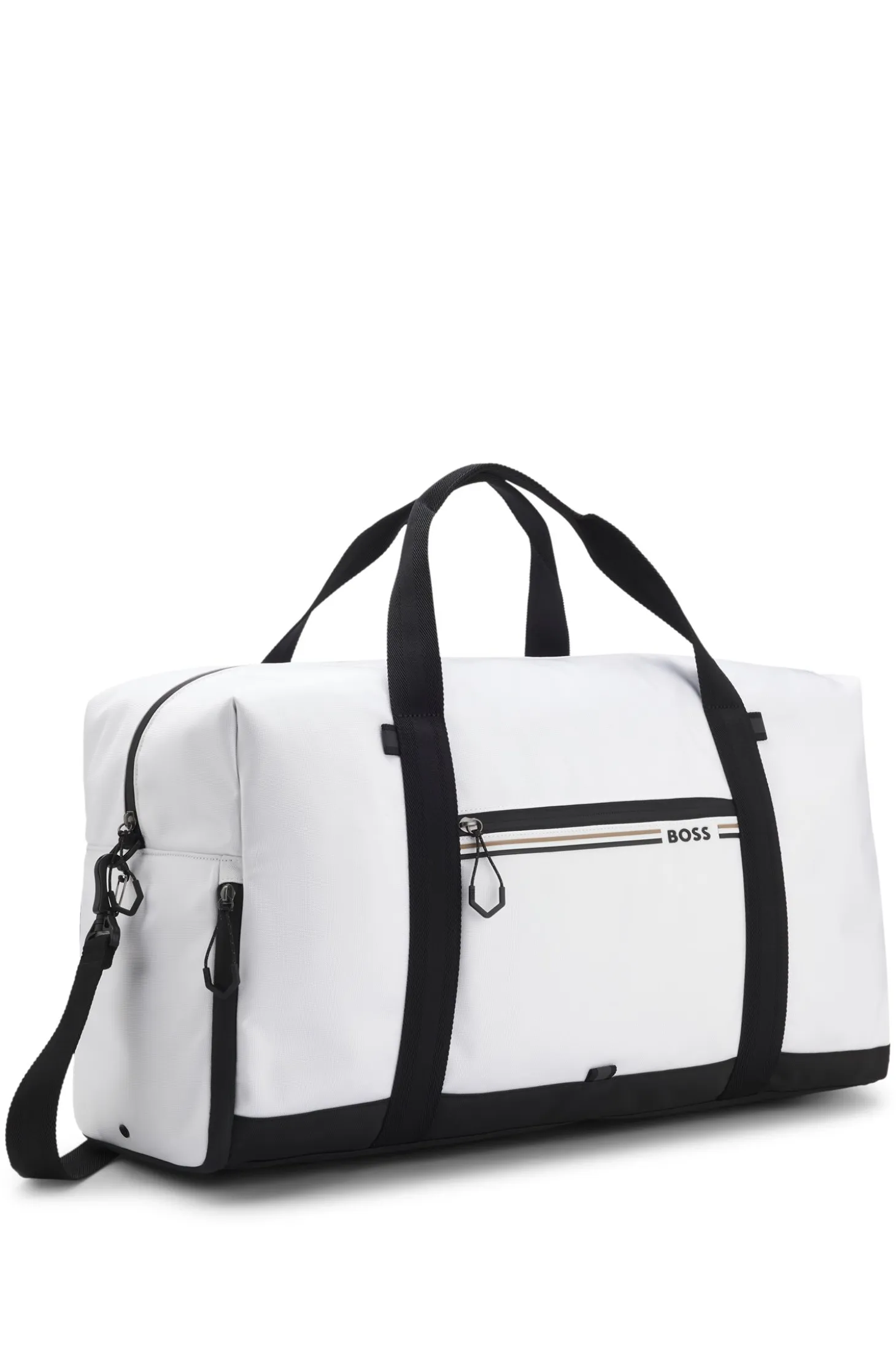 Holdall in structured fabric with logo and signature stripe