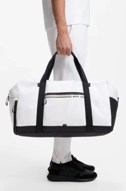Holdall in structured fabric with logo and signature stripe