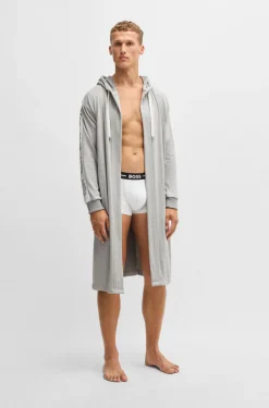 Hooded grey dressing gown with logo-print sleeves