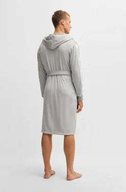 Hooded grey dressing gown with logo-print sleeves