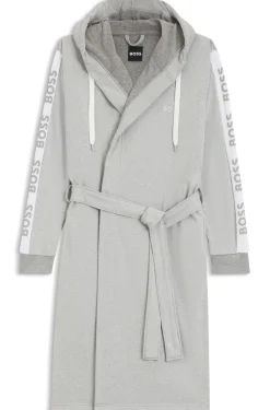 Hooded grey dressing gown with logo-print sleeves