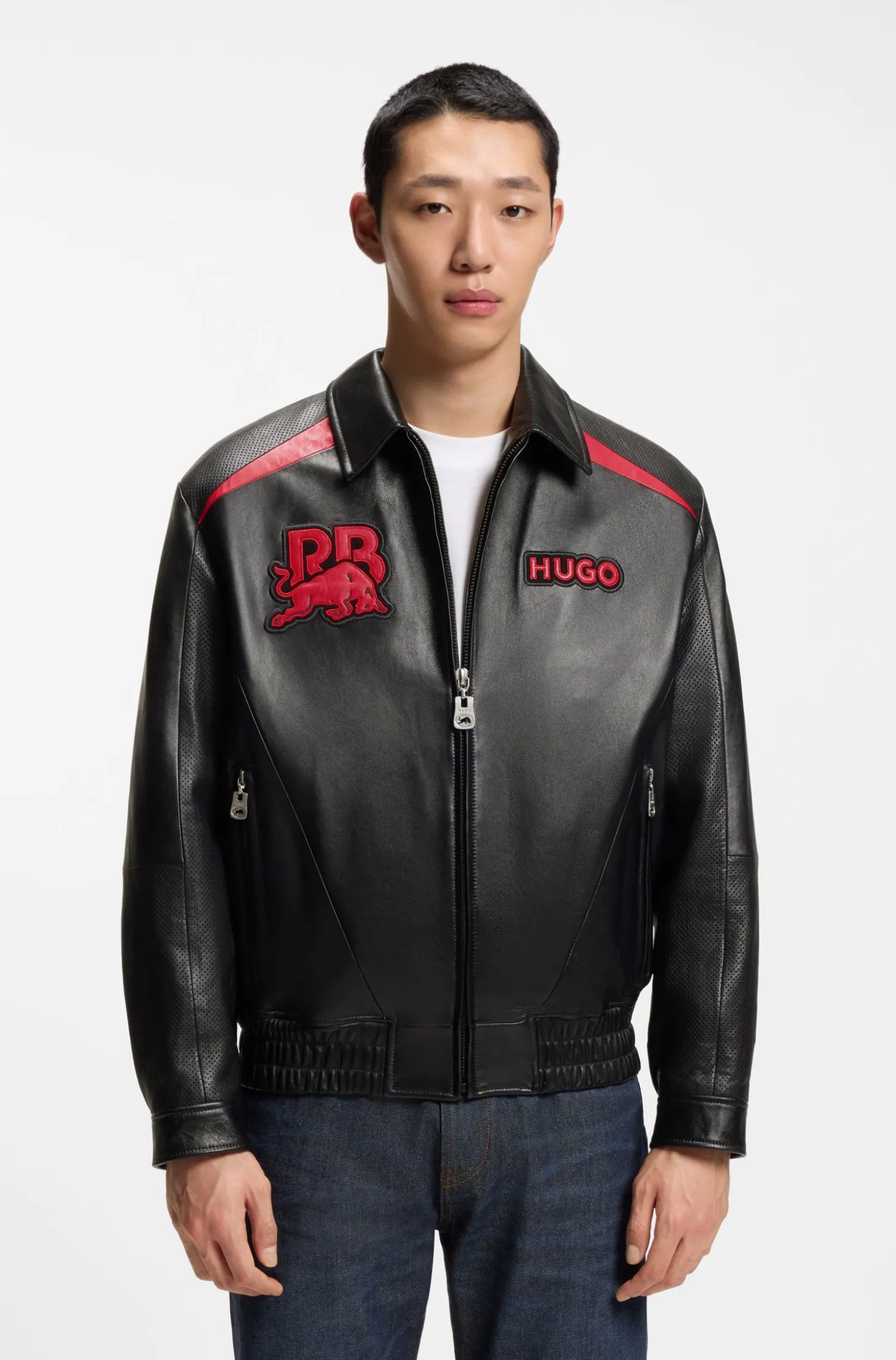 HUGO x RB leather jacket with bull motifs