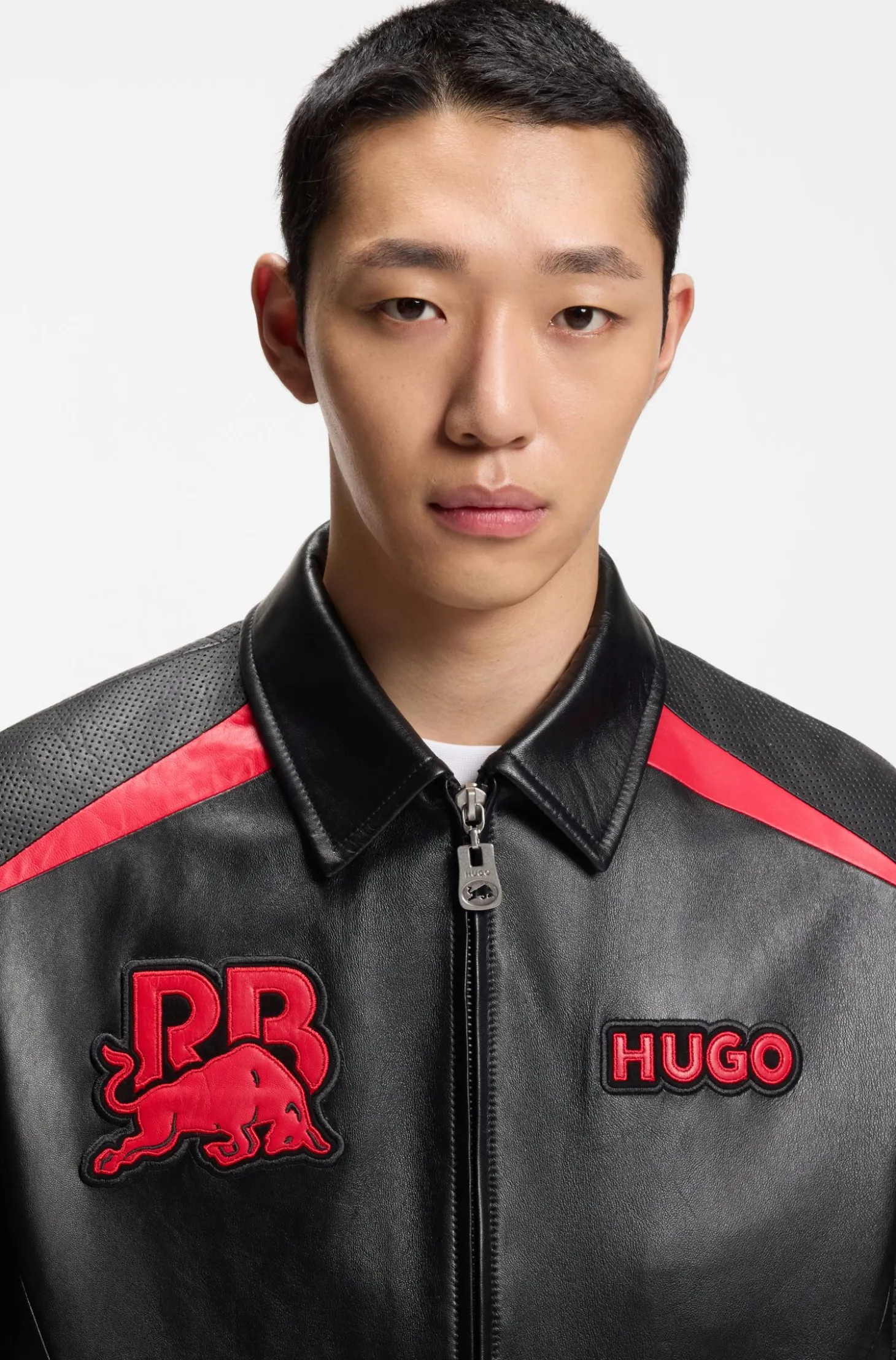 HUGO x RB leather jacket with bull motifs