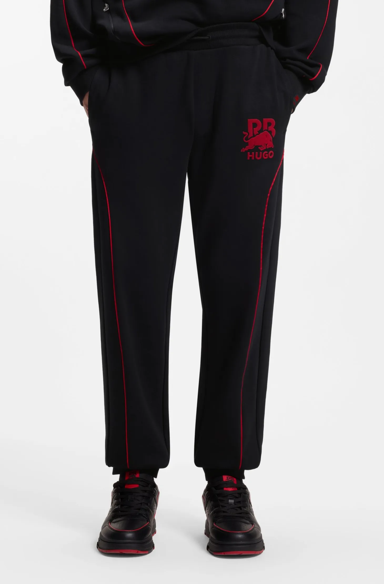 HUGO x RB stretch-cotton tracksuit bottoms with bull motif