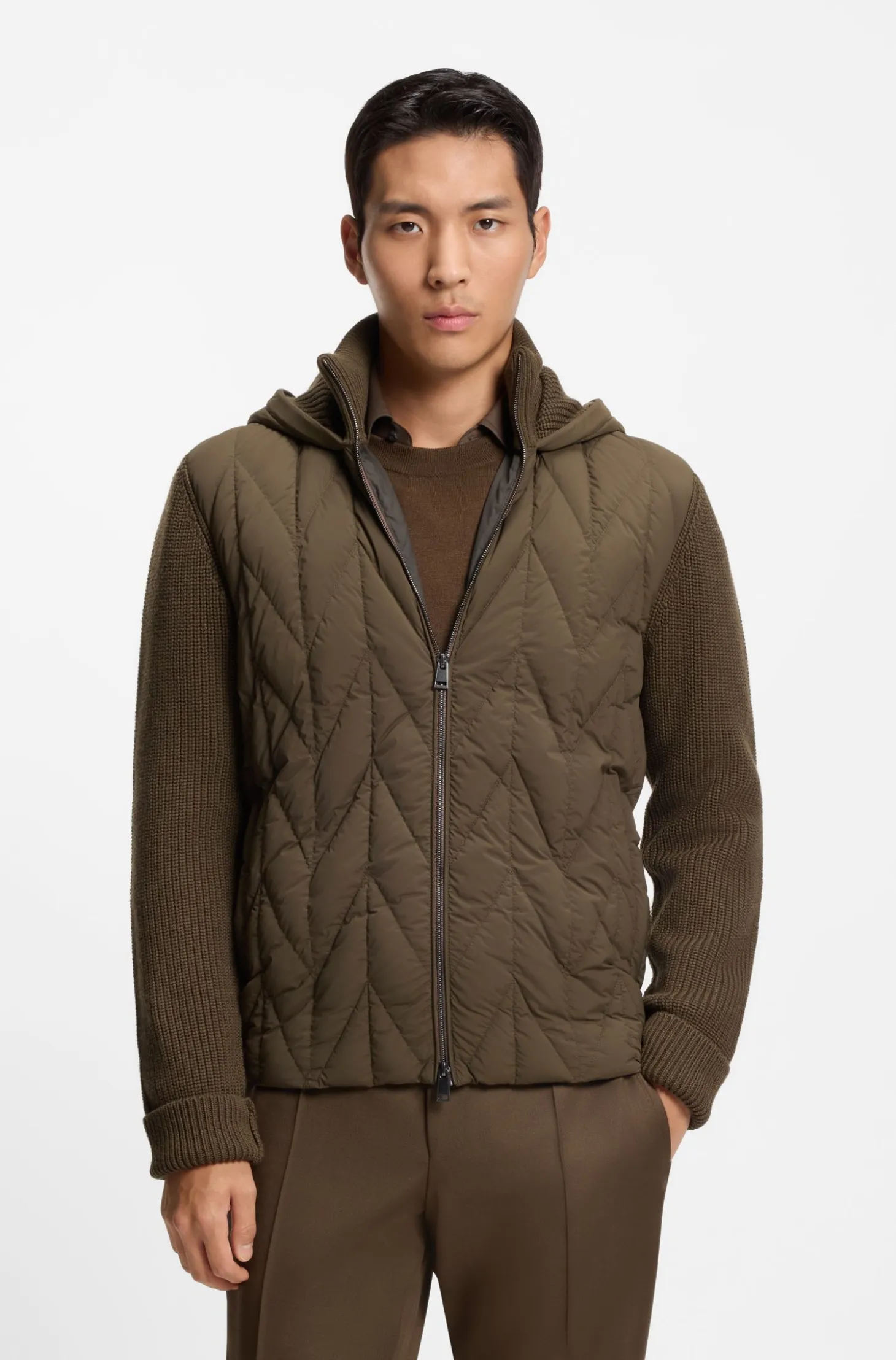 Hybrid jacket with wool sleeves and down front