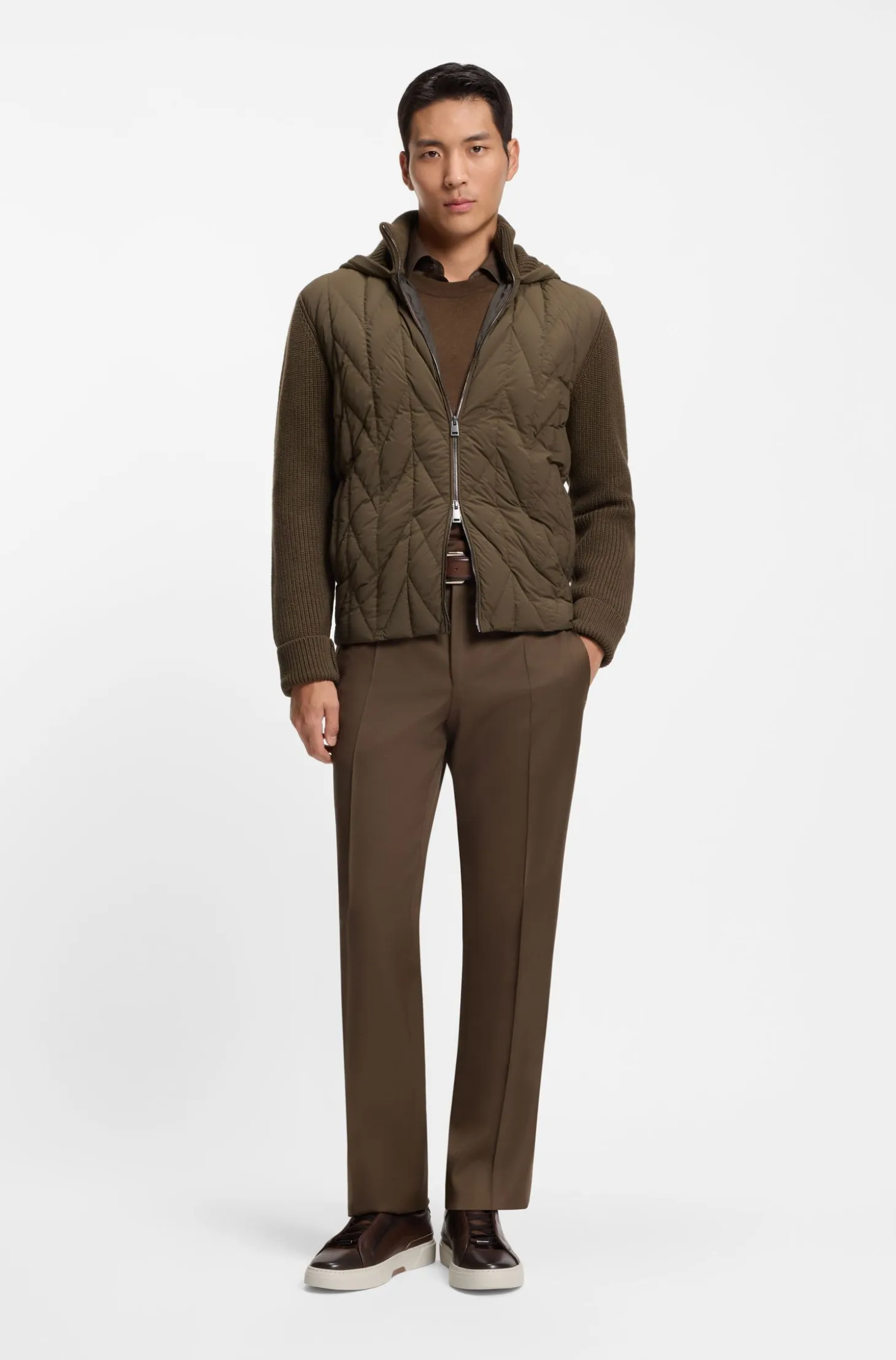 Hybrid jacket with wool sleeves and down front