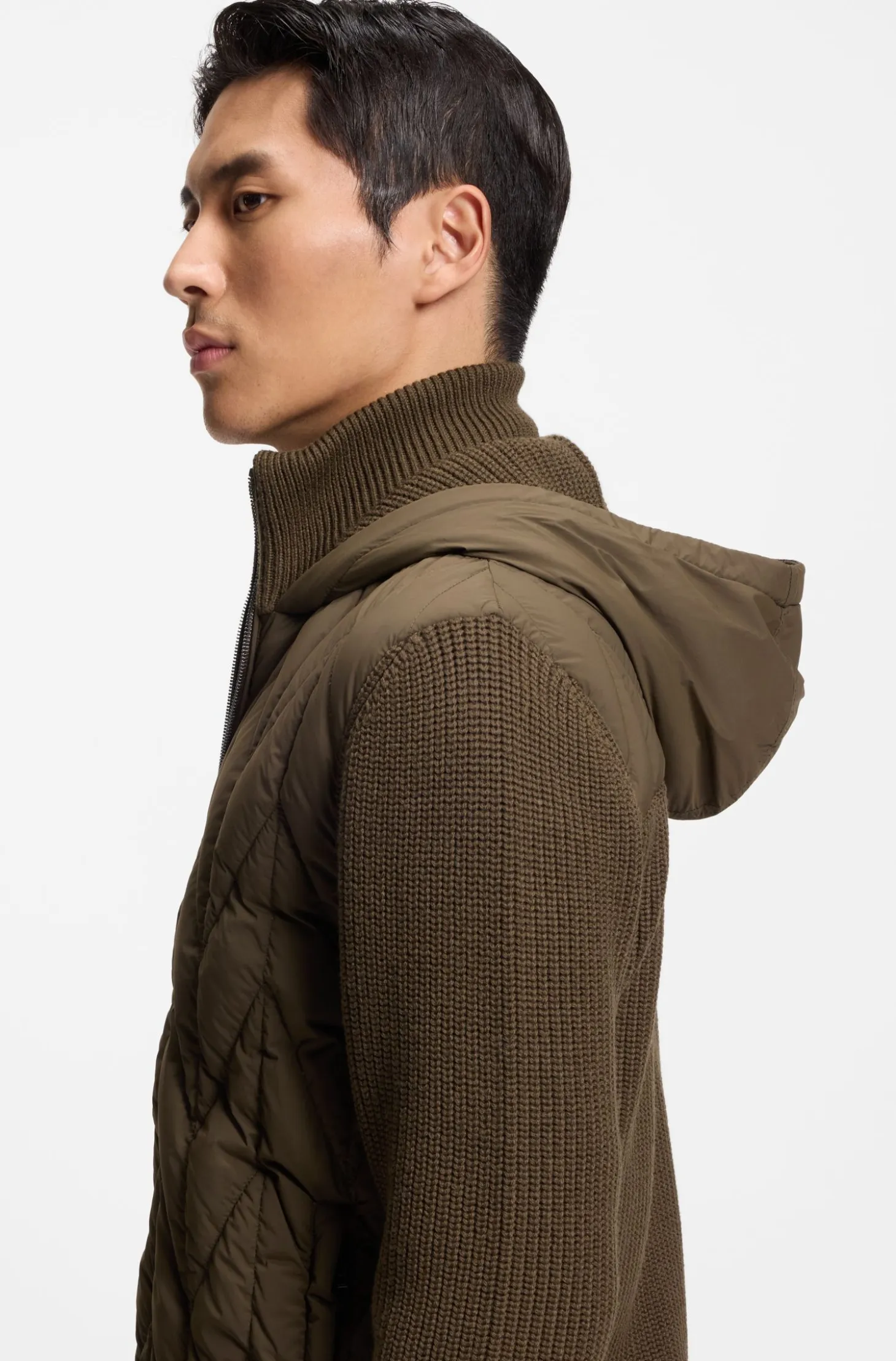 Hybrid jacket with wool sleeves and down front