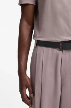 Italian-leather belt with angular logo buckle
