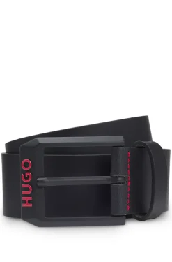 Italian-leather belt with angular logo buckle