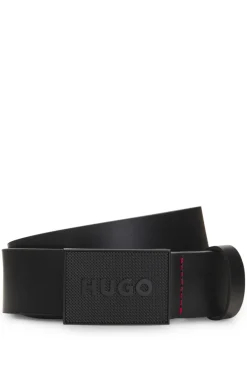 Italian-leather belt with logo plaque buckle