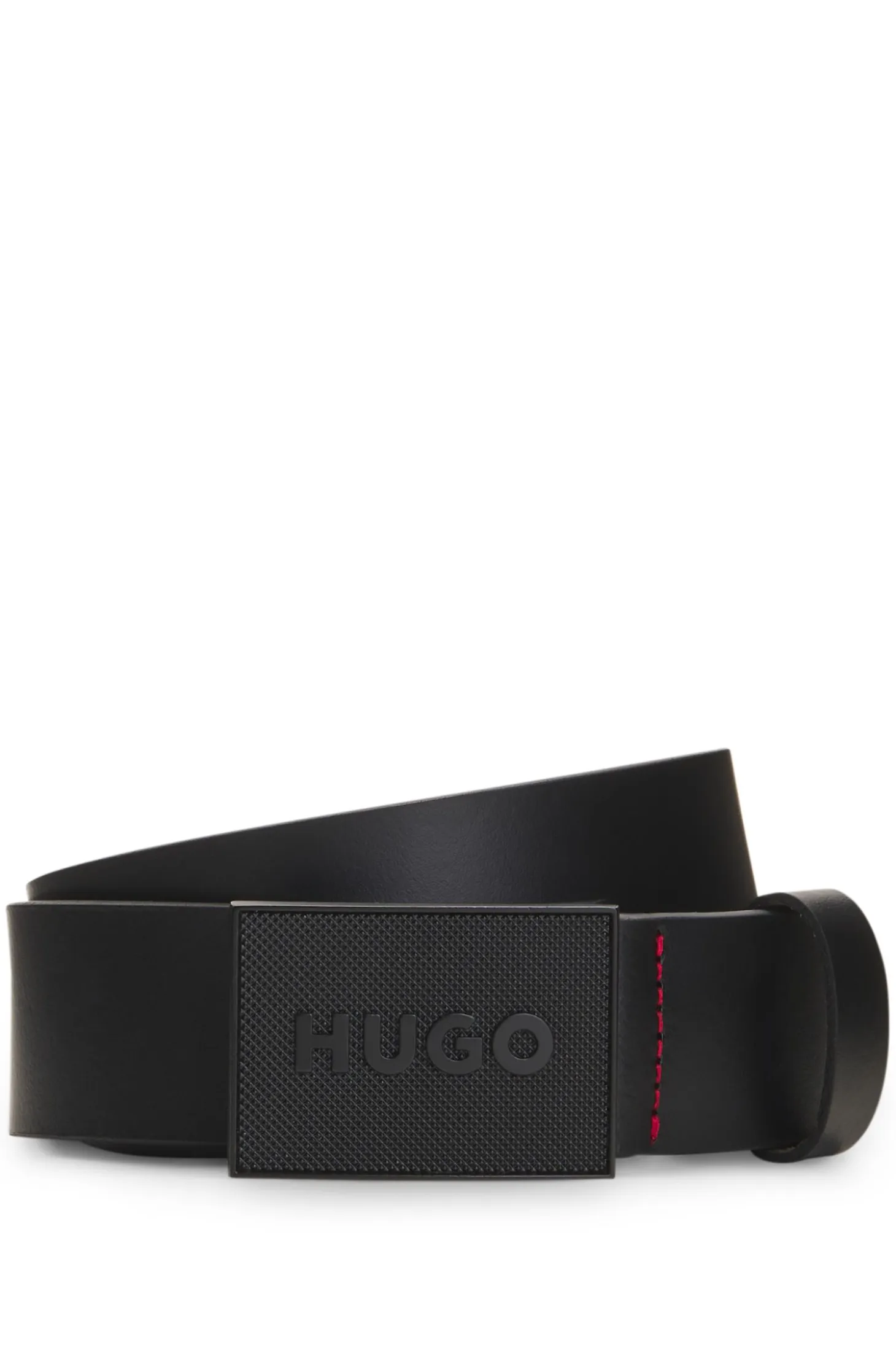 Italian-leather belt with logo plaque buckle