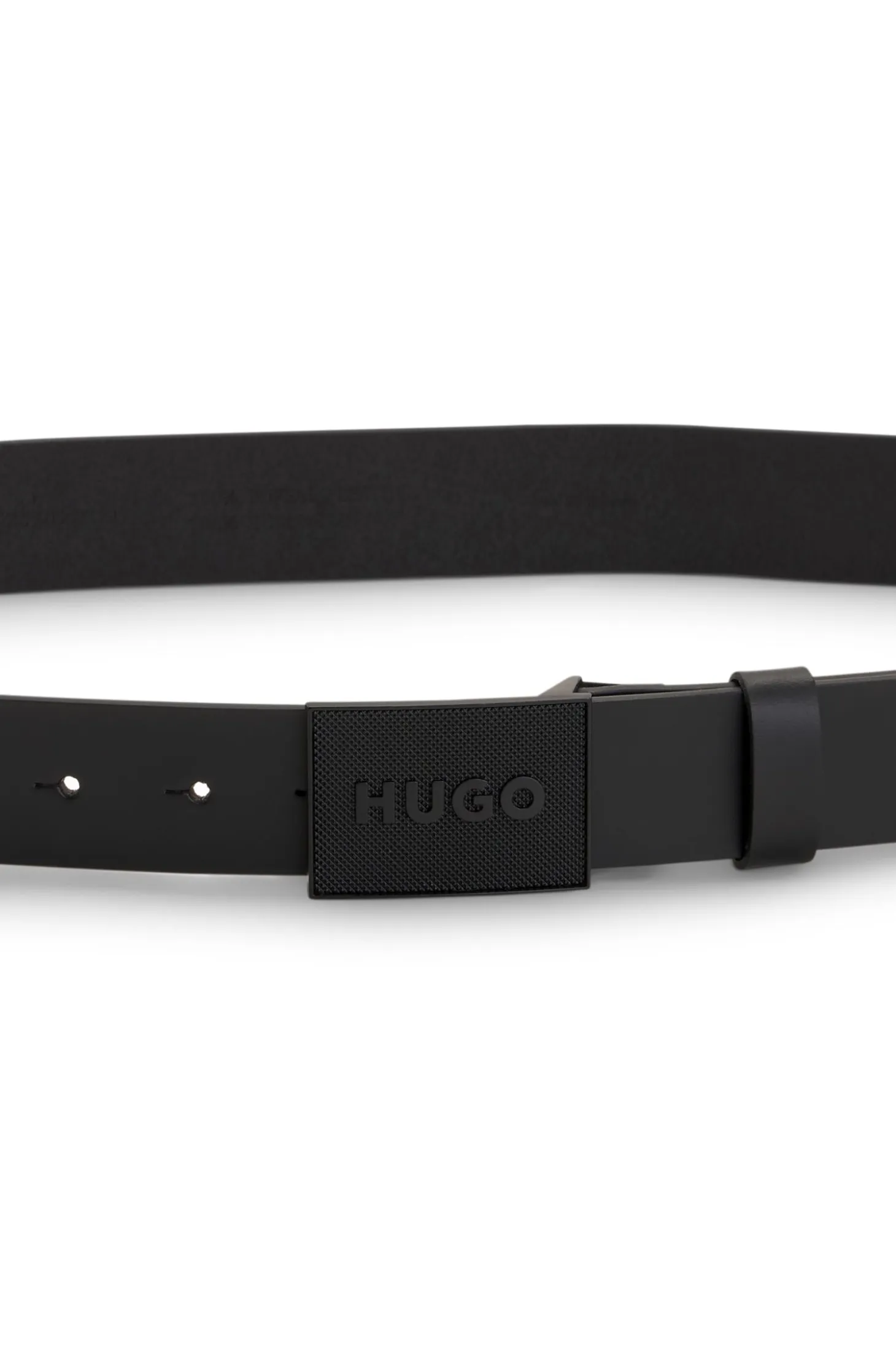 Italian-leather belt with logo plaque buckle