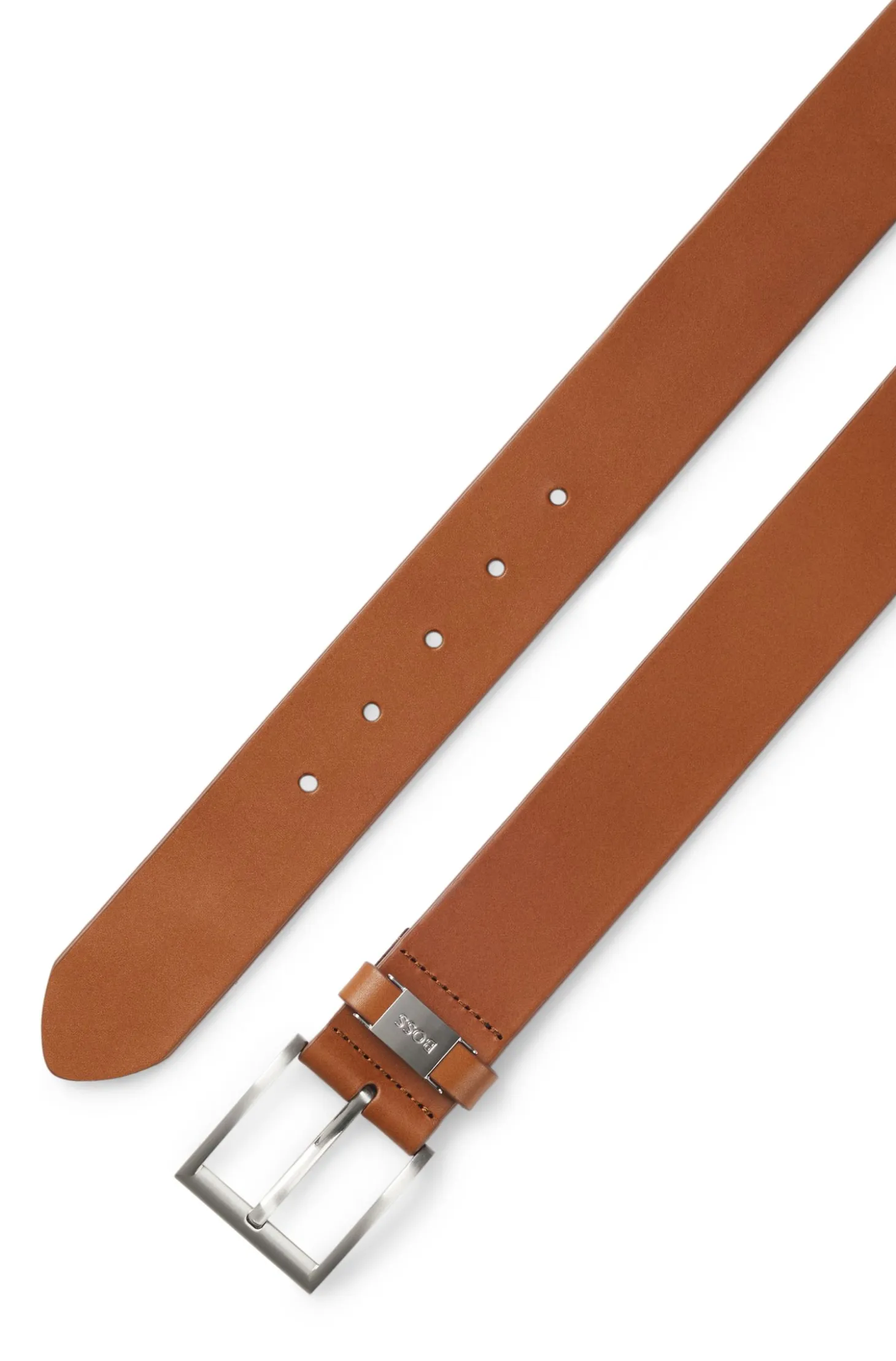 Italian-leather belt with logo keeper and brushed hardware
