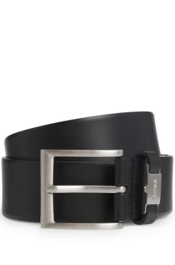 Italian-leather belt with logo keeper and brushed hardware
