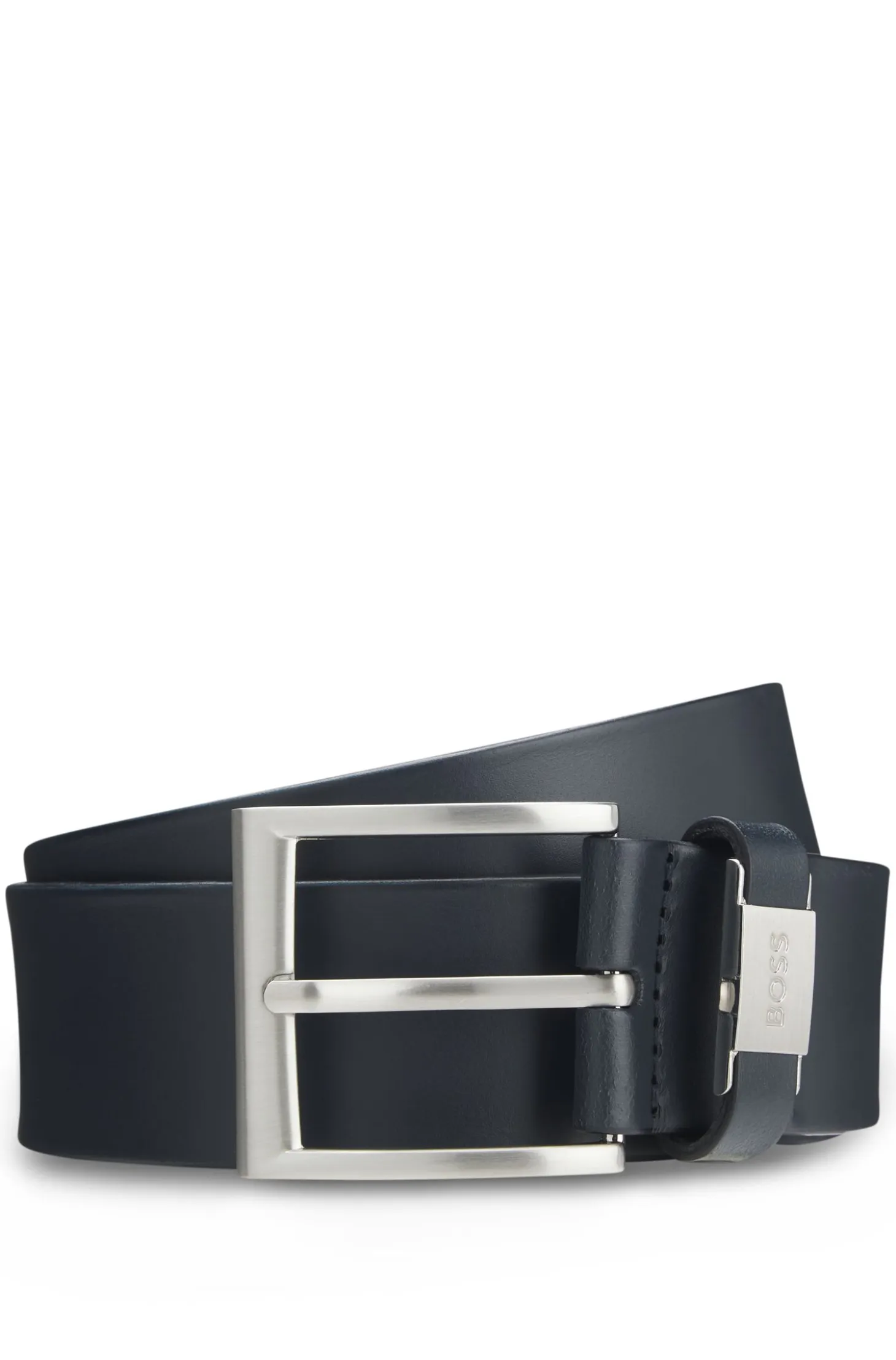 Italian-leather belt with logo keeper and brushed hardware
