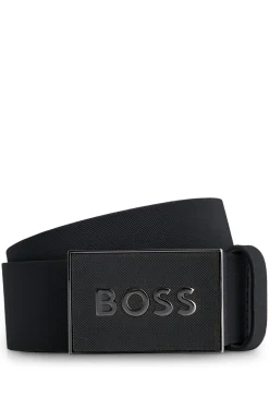 Italian-leather belt with logo-plaque buckle