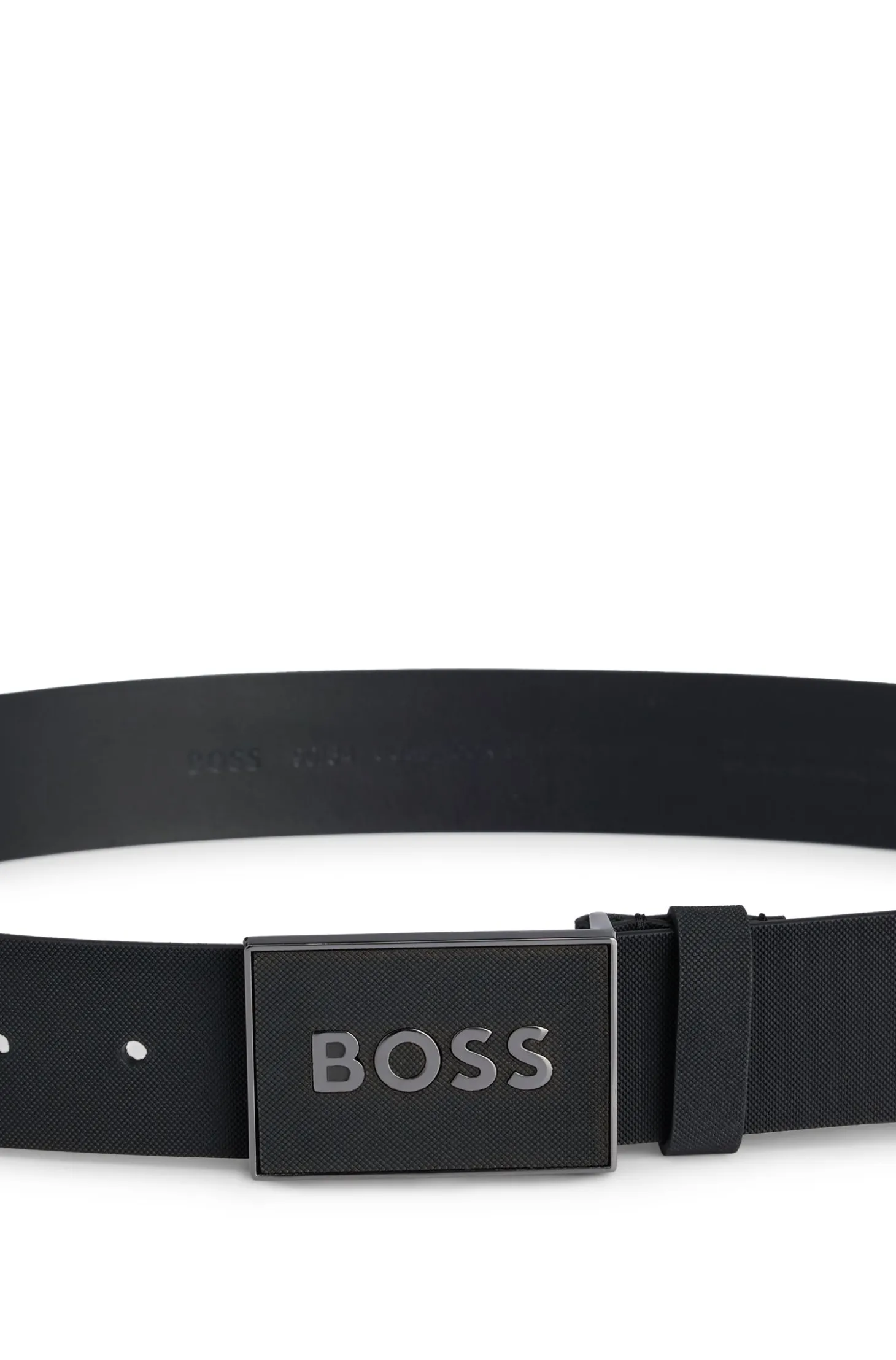Italian-leather belt with logo-plaque buckle