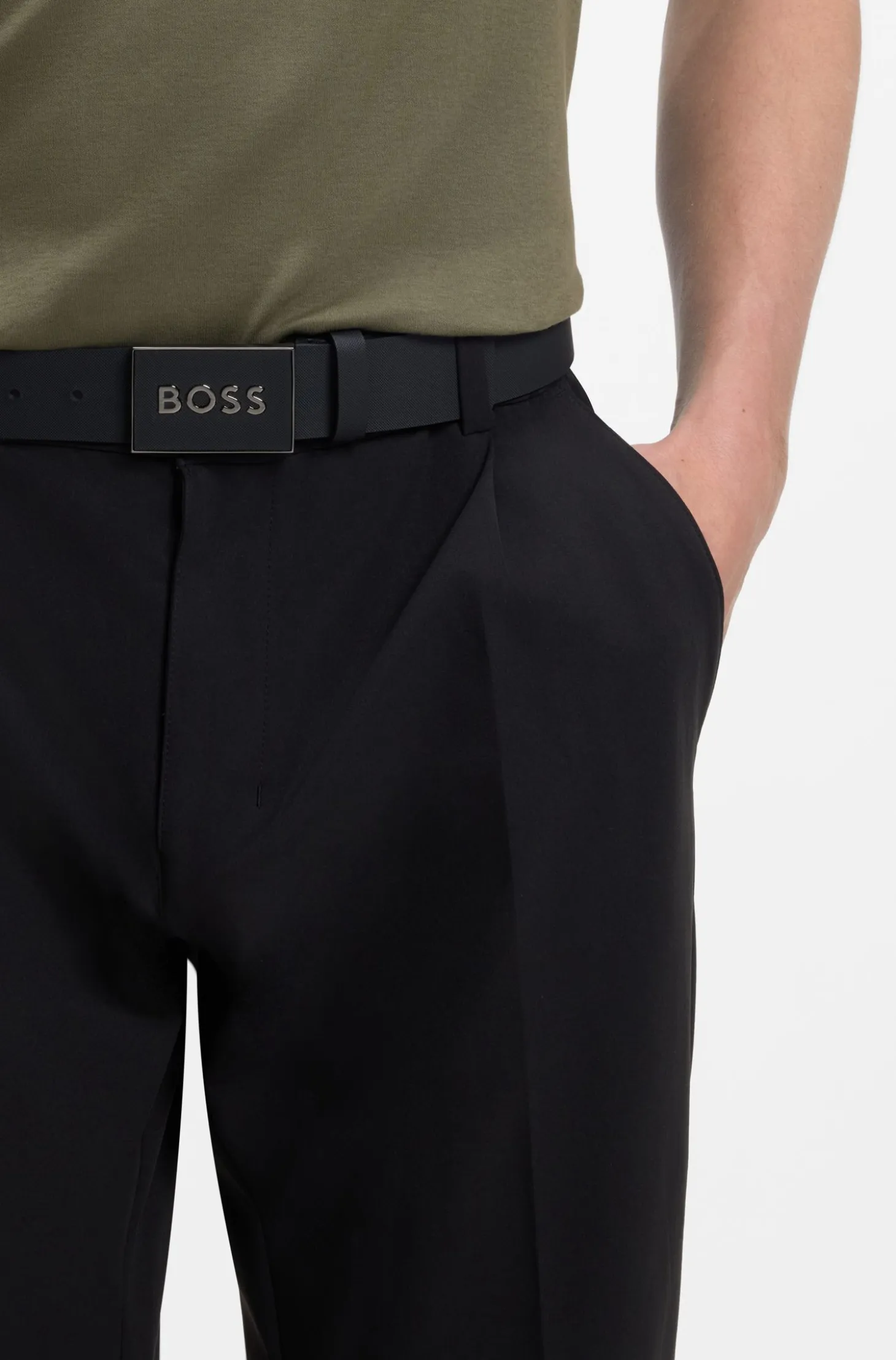 Italian-leather belt with logo-plaque buckle