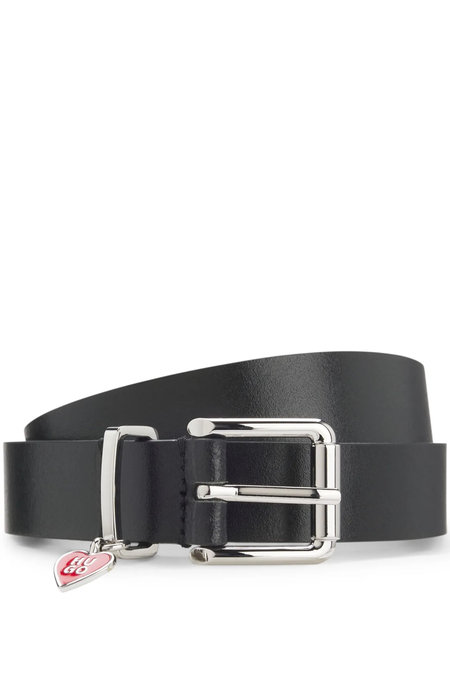 Italian-leather belt with stacked-logo keeper charm