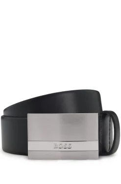 Italian-made leather belt with engraved plaque buckle