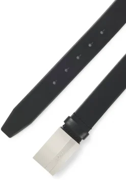 Italian-made leather belt with engraved plaque buckle
